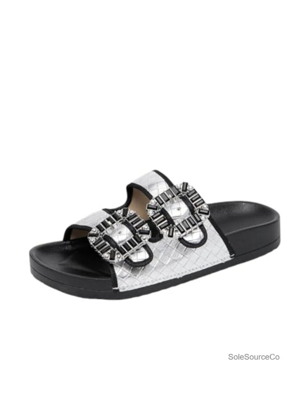 Crystal Buckle Quilted Slide Sandals Double Strap Slide Platform